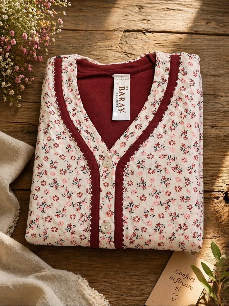 Pijama dama cu imprimeu floral și nasturi – confort zilnic Marimea L